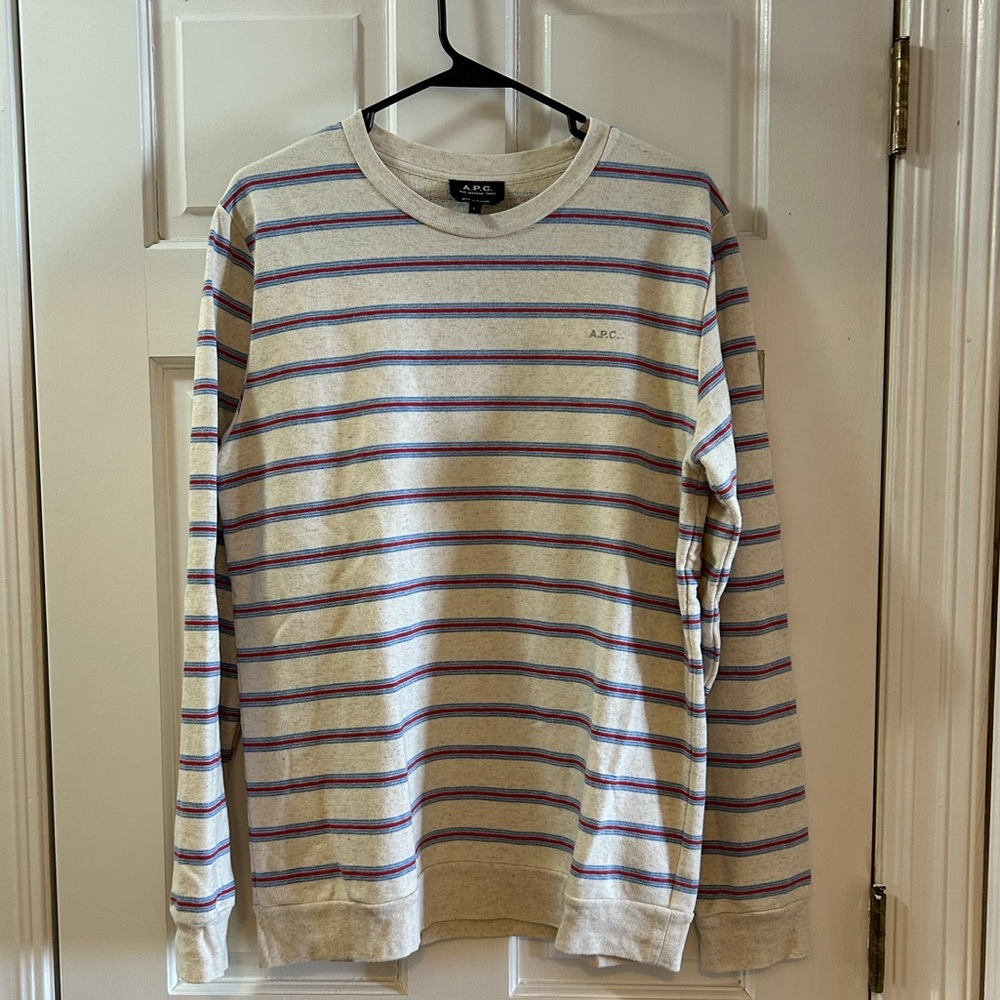 A.P.C. Rue Madam Paris Men’s lightweight sweatshirt. Size L. Off white w stripes